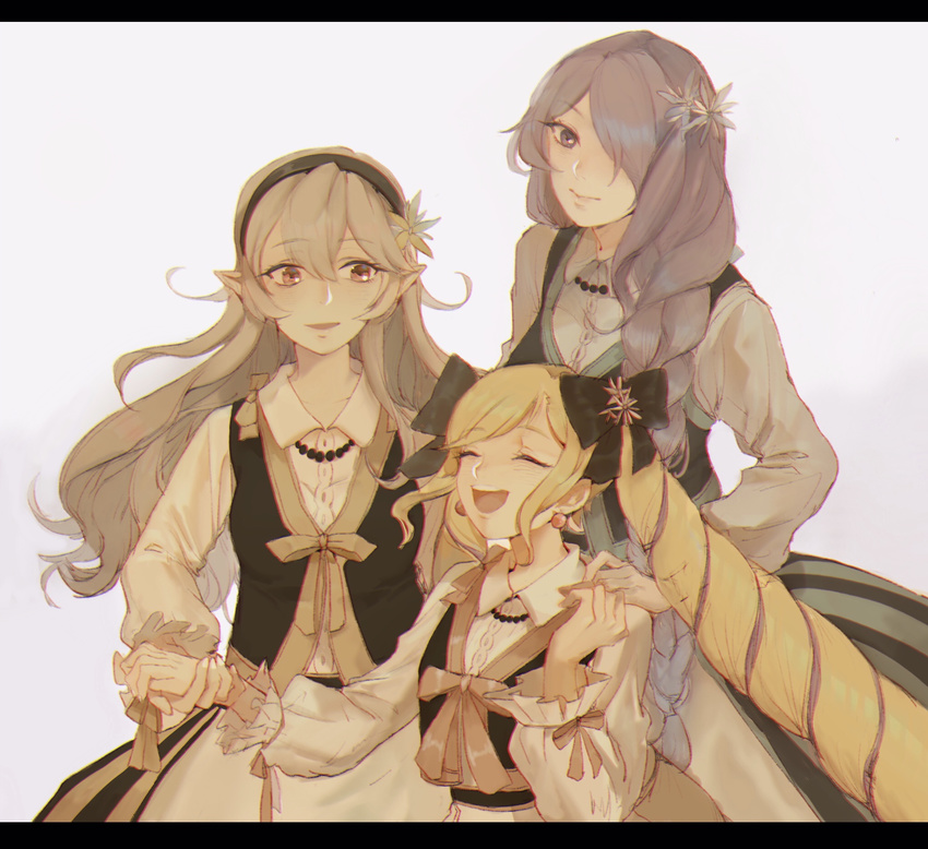 blonde_hair camilla_(fire_emblem_if) closed_eyes dress drill_hair elise_(fire_emblem_if) european_clothes female_my_unit_(fire_emblem_if) fire_emblem fire_emblem_if flower hair_flower hair_ornament hair_over_one_eye highres long_hair looking_at_viewer momosa_(472166143) multiple_girls my_unit_(fire_emblem_if) pointy_ears purple_eyes red_eyes simple_background smile twin_drills