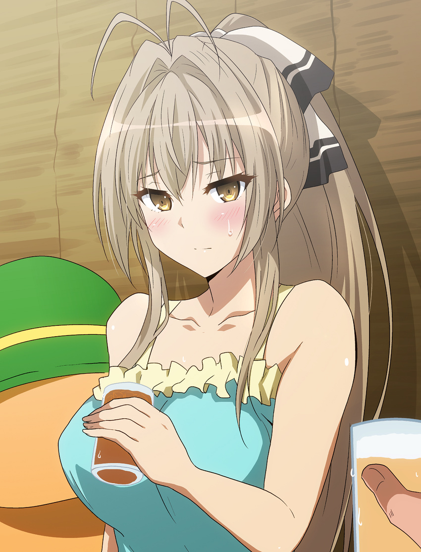 alcohol amagi_brilliant_park antenna_hair bare_shoulders beer blush bonta-kun bow breasts brown_eyes brown_hair condensation glass hair_between_eyes hair_bow hair_intakes hera_(hara0742) high_ponytail highres large_breasts looking_at_viewer pov pov_hands sento_isuzu sweat