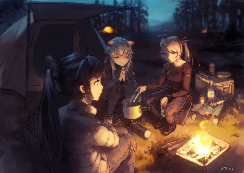 alternate_costume animal_ears azur_lane black_hair bonfire camping commentary_request contemporary cooking fire forest hyuuga_(azur_lane) long_hair multiple_girls nature night ponytail prinz_eugen_(azur_lane) rias-coast silver_hair sitting takao_(azur_lane) tent two_side_up