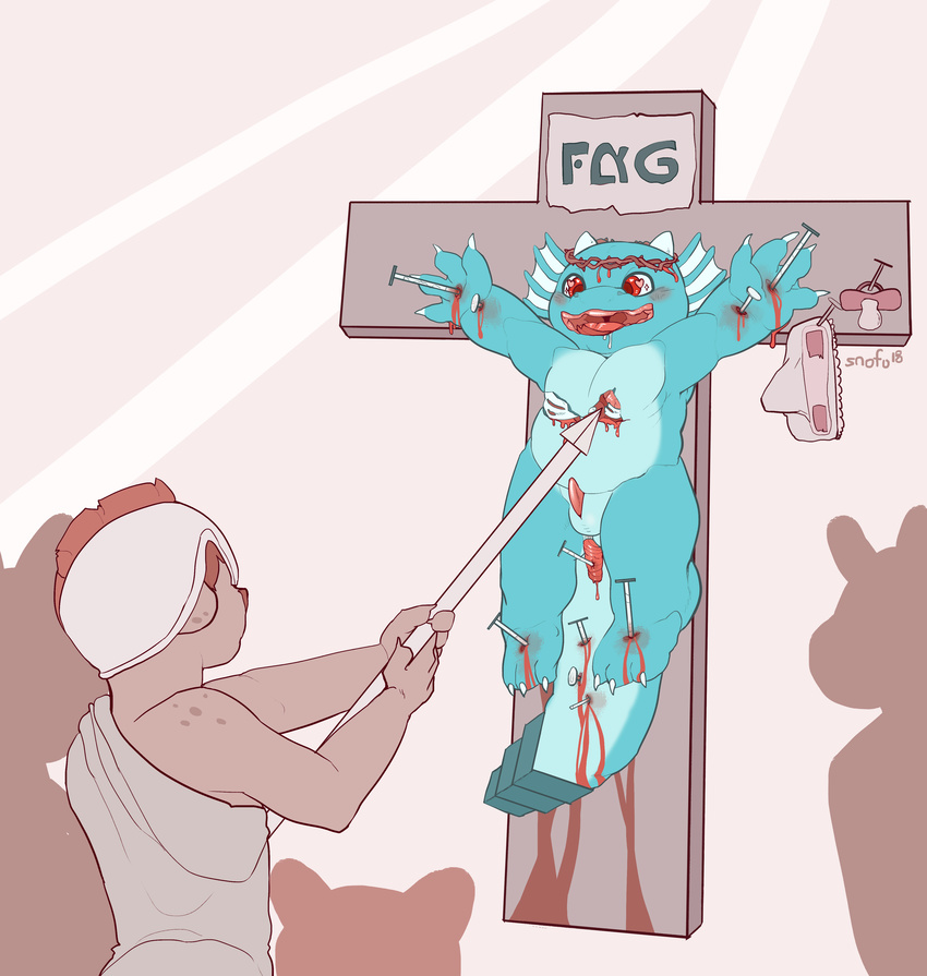 anus baby biblical blood christian_(disambiguation) christianity crucifixion cub diaper dragon everestdragon gore grotesque gums male mutilation nails pacifier prolapse red_eyes religion snofu wounded young