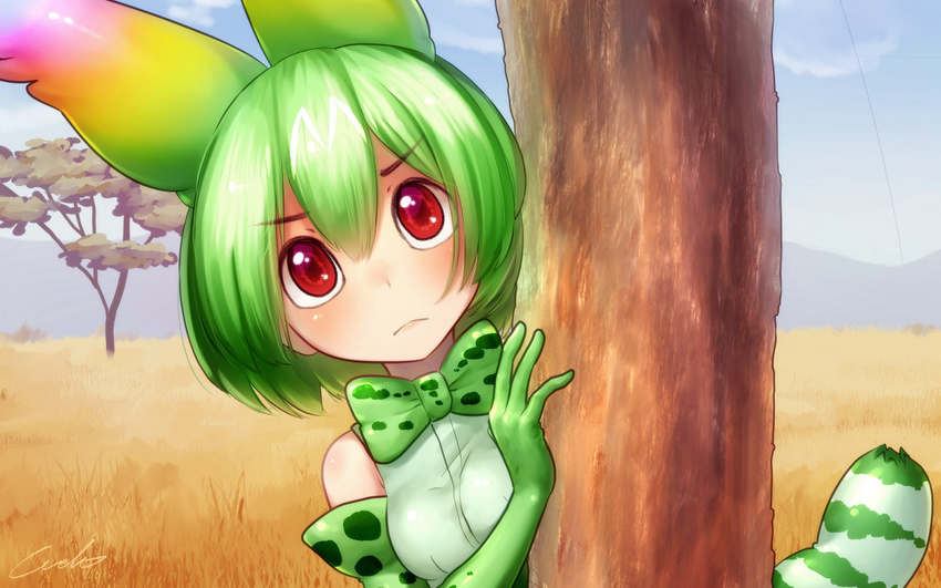 animal_ears bare_shoulders bow bowtie cerval commentary_request day elbow_gloves extra_ears eyebrows_visible_through_hair gloves grass green_gloves green_hair hair_between_eyes kemono_friends looking_at_viewer nature outdoors peeking_out print_neckwear red_eyes savannah serval_print serval_tail shirt short_hair signature sleeveless sleeveless_shirt solo striped_tail tail tree welt_(kinsei_koutenkyoku) white_shirt