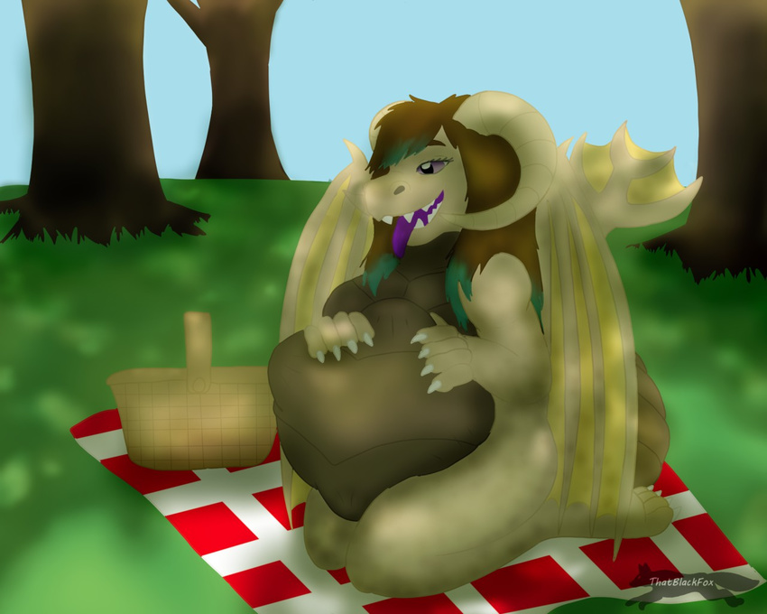 arabelle breasts dragon female horn picnic purple_eyes thatblackfox_(artist) vore