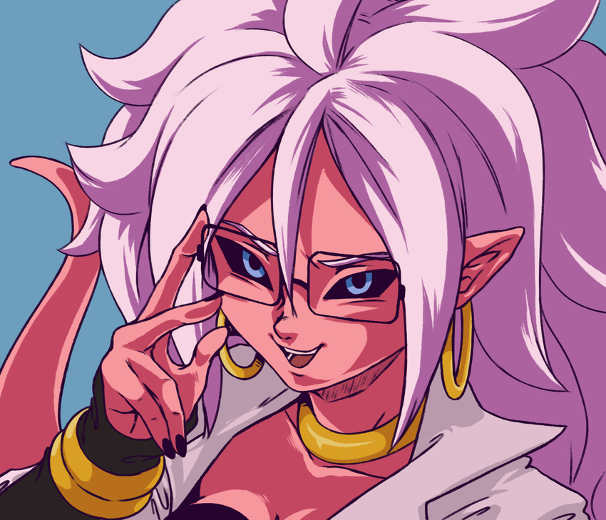 2018 alien android_21 black_nails black_sclera blue_background blue_eyes bracelet breasts cleavage clothed clothing colored_nails dragon_ball ear_piercing eyewear glasses hair humanoid jewelry looking_at_viewer majin majin_android_21 open_mouth open_smile piercing pink_skin plagueofgripes pointy_ears simple_background smile solo white_hair