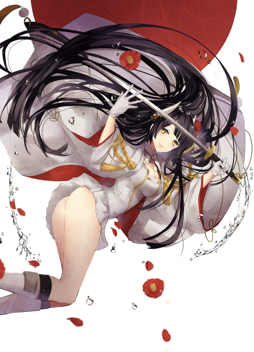 absurdres ass azur_lane black_hair breasts cleavage_cutout dutch_angle flower gloves hair_flower hair_ornament hiei_(azur_lane) highres holding holding_sword holding_weapon katana kona_(mmmkona) large_breasts long_hair long_sleeves looking_at_viewer pleated_skirt red_flower red_rose rose simple_background skirt smile solo sword weapon white_background white_gloves white_skirt wide_sleeves yellow_eyes