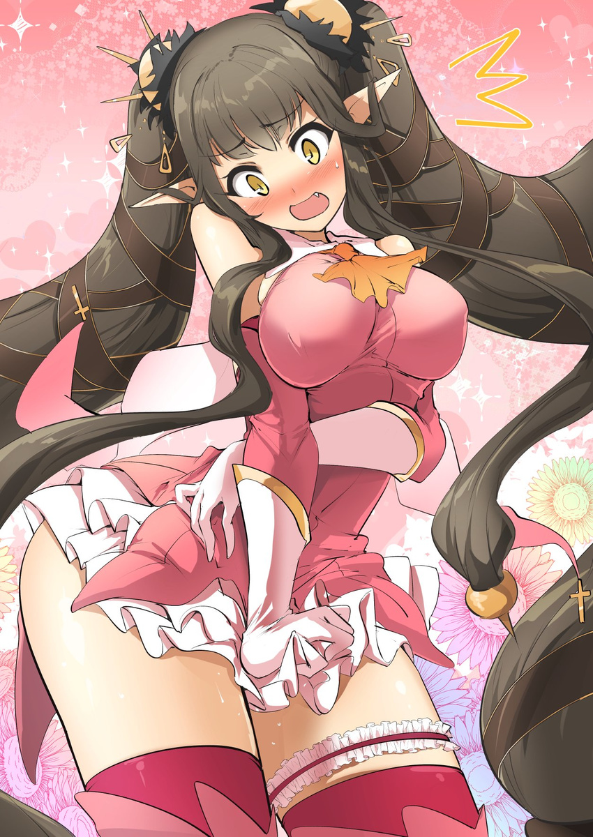 black_hair blush breasts commentary_request cosplay cowboy_shot dress elbow_gloves fang fate/grand_order fate/kaleid_liner_prisma_illya fate_(series) feathers gloves highres kaleidostick large_breasts long_hair magical_girl momio open_mouth pointy_ears prisma_illya prisma_illya_(cosplay) semiramis_(fate) thighhighs twintails very_long_hair yellow_eyes