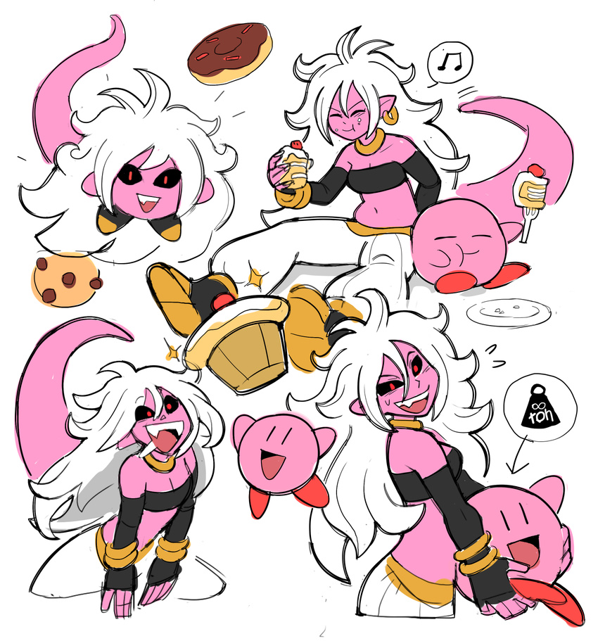 alien android_21 cake clothing crossover doughnut dragon_ball dragon_ball_fighterz duo eyes_closed fangs female food hair hi_res humanoid kirby kirby_(series) long_hair majin majin_android_21 male nintendo noodlemage open_mouth pointy_ears red_eyes video_games white_hair