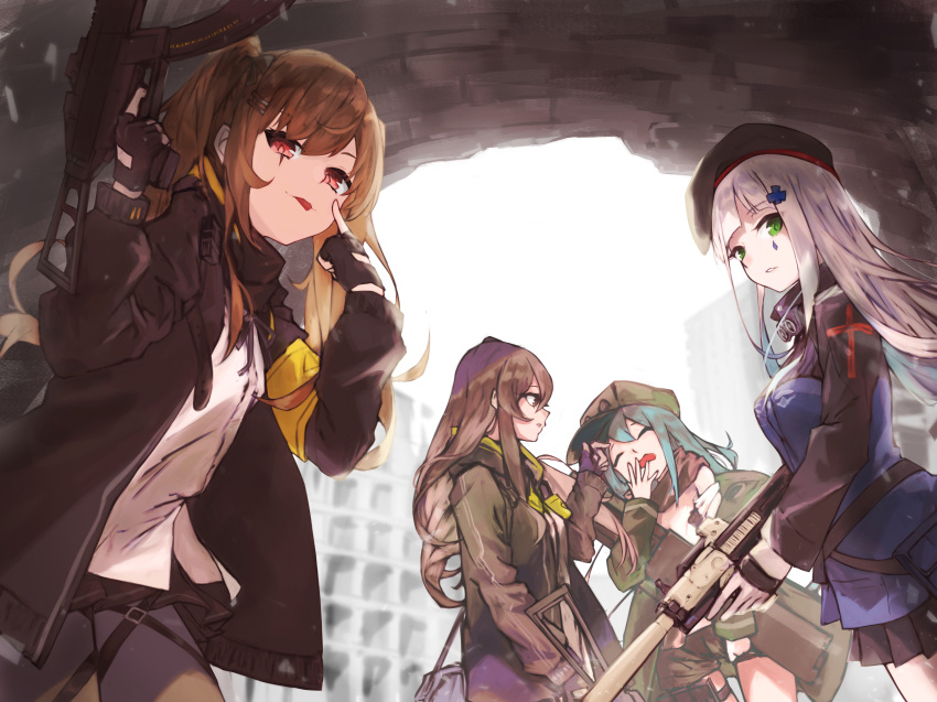 404_(girls_frontline) 4girls :p absurdres armband assault_rifle bangs beret black_bow black_hat black_jacket black_legwear black_ribbon black_shorts blunt_bangs bow brown_eyes brown_hair closed_mouth commentary_request crossed_bangs eyebrows_visible_through_hair eyes_closed facial_mark finger_on_trigger fingerless_gloves g11 g11_(girls_frontline) girls_frontline gloves green_eyes green_hat green_jacket gun h&amp;k_ump h&amp;k_ump45 h&amp;k_ump9 hair_ornament hairclip hand_up hat heckler_&amp;_koch highres hk416 hk416_(girls_frontline) holding holding_gun holding_weapon hood hood_down hooded_jacket huge_filesize jacket knee_pads koki_1009 long_hair looking_at_another looking_at_viewer messy_hair multiple_girls one_side_up open_clothes open_jacket pantyhose plaid plaid_skirt red_eyes ribbon rifle scar scar_across_eye scarf_on_head shirt shorts shoulder_cutout simple_background skirt submachine_gun teardrop thighhighs tongue tongue_out ump45_(girls_frontline) ump9_(girls_frontline) weapon white_hair white_shirt