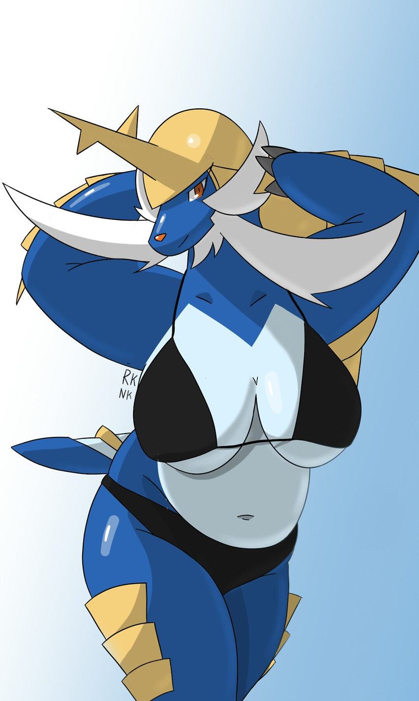absurd_res anthro armor big_arms big_breasts bikini breasts claws clothing facial_hair female helmet hi_res horn mammal mustache mustelid nintendo overweight pinup pok&eacute;mon pok&eacute;mon_(species) pose red_eyes rhuanfps samurott simple_background slightly_chubby solo swimsuit underwear video_games