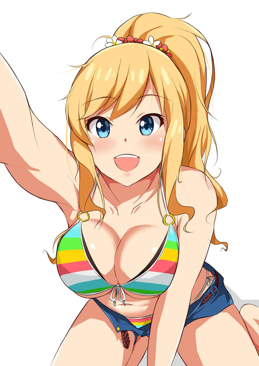 :d bikini bikini_under_clothes blonde_hair blue_eyes blush breasts cleavage denim denim_shorts front-tie_bikini front-tie_top hair_ornament highres idolmaster idolmaster_cinderella_girls idolmaster_cinderella_girls_starlight_stage kneeling large_breasts leaning_forward long_hair looking_at_viewer nemo_1988 ootsuki_yui open_mouth outstretched_arm ponytail short_shorts shorts side-tie_bikini smile solo striped striped_bikini swimsuit unbuckled_belt
