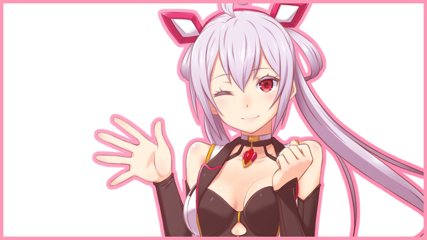 ;) ahoge bangs bare_shoulders blush border breasts closed_mouth collarbone detached_sleeves eyelashes gem hands_up highres hou_(hachiyou) jewelry long_hair long_sleeves looking_at_viewer matoi_(pso2) medium_breasts one_eye_closed outline pendant phantasy_star phantasy_star_online_2 pink_border pink_eyes pink_hair pink_outline shiny shiny_skin simple_background smile solo twintails upper_body very_long_hair waving white_background