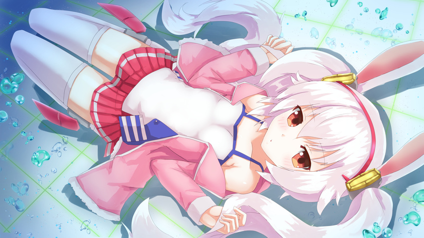 animal_ears azur_lane bangs bare_shoulders blush breasts brown_eyes bubble bunny_ears camisole collarbone commentary_request eyebrows_visible_through_hair fur-trimmed_jacket fur_trim fuyuki8208 hair_between_eyes hair_ornament hairband head_tilt highres holding holding_hair jacket laffey_(azur_lane) long_hair long_sleeves looking_at_viewer lying on_back open_clothes open_jacket parted_lips pink_jacket pleated_skirt red_hairband red_skirt silver_hair skirt sleeves_past_wrists small_breasts solo thighhighs twintails very_long_hair white_camisole white_legwear