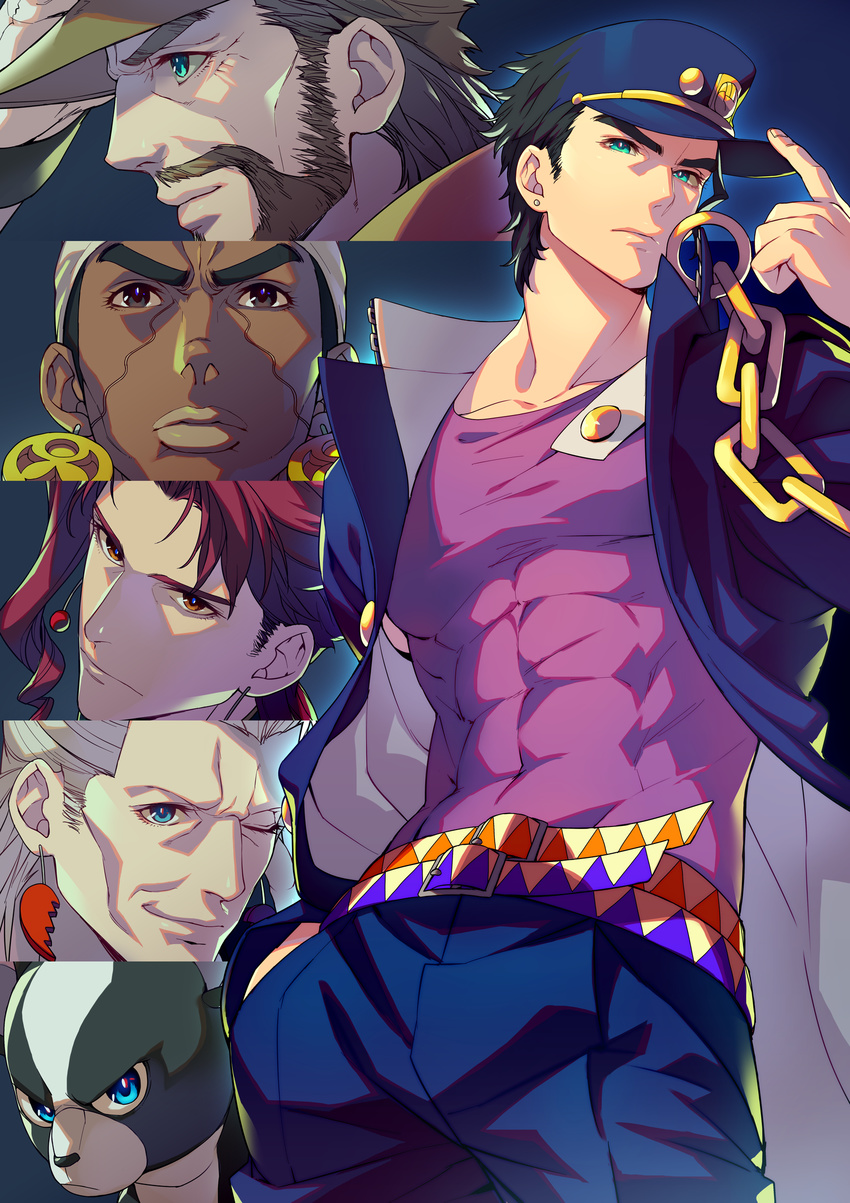 abs belt black_hair blue_coat blue_eyes blue_hat blue_pants brown_eyes closed_mouth coat dark_skin dark_skinned_male dog earrings facial_hair fingernails green_eyes hand_in_pocket hand_up hat highres iggy_(jojo) index_finger_raised jean_pierre_polnareff jewelry jojo_no_kimyou_na_bouken joseph_joestar kakyouin_noriaki kotatsu_(g-rough) kuujou_joutarou looking_at_viewer male_focus mohammed_avdol multiple_belts multiple_boys mustache open_clothes open_coat pants peaked_cap purple_shirt red_eyes red_hair shirt silver_hair smile standing stardust_crusaders