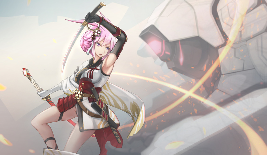 animal_ears bad_id bad_pixiv_id benghuai_xueyuan breasts bunny_ears dual_wielding elbow_gloves gloves hair_ornament highres holding japanese_clothes kikivi large_breasts mecha open_mouth panties pink_hair purple_eyes short_hair solo sword underwear weapon yae_sakura_(benghuai_xueyuan)