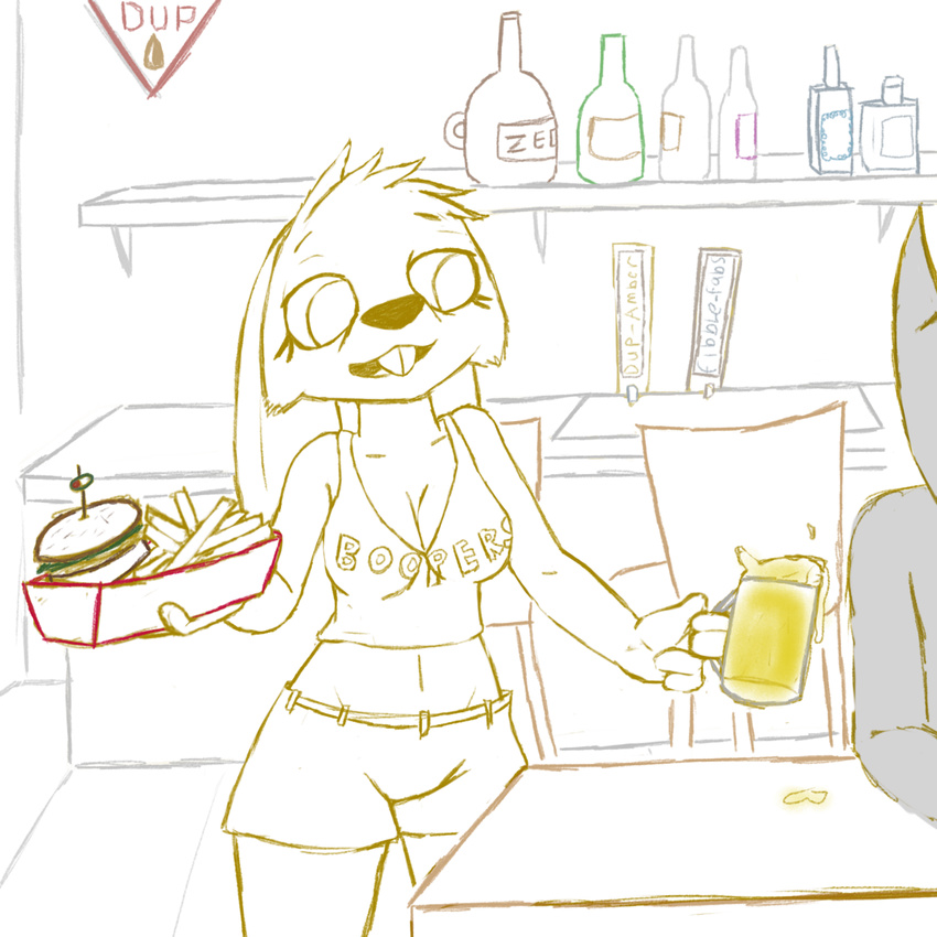 alcohol anthro beer beverage breasts burger cleavage clothed clothing female food fries hooters knullox lagomorph mammal rabbit resturaunt shirt smile standing verna_floplock waiter