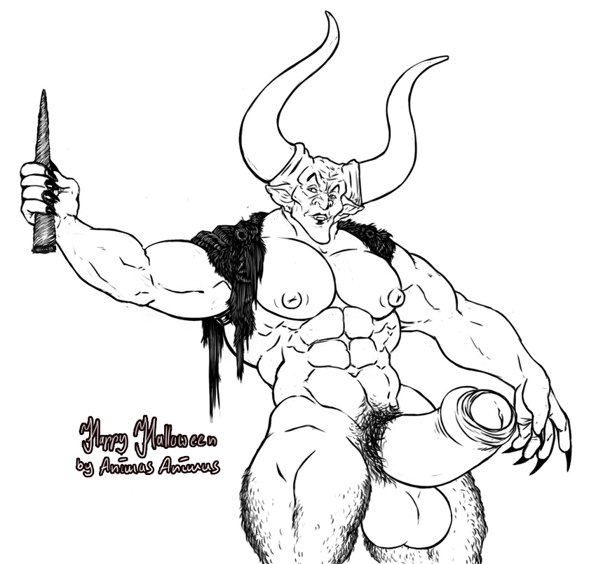 abs animasanimus balls biceps big_muscles demon erection hairy_legs horn leg_hair legend muscular not_furry pecs penis pubes satan solo