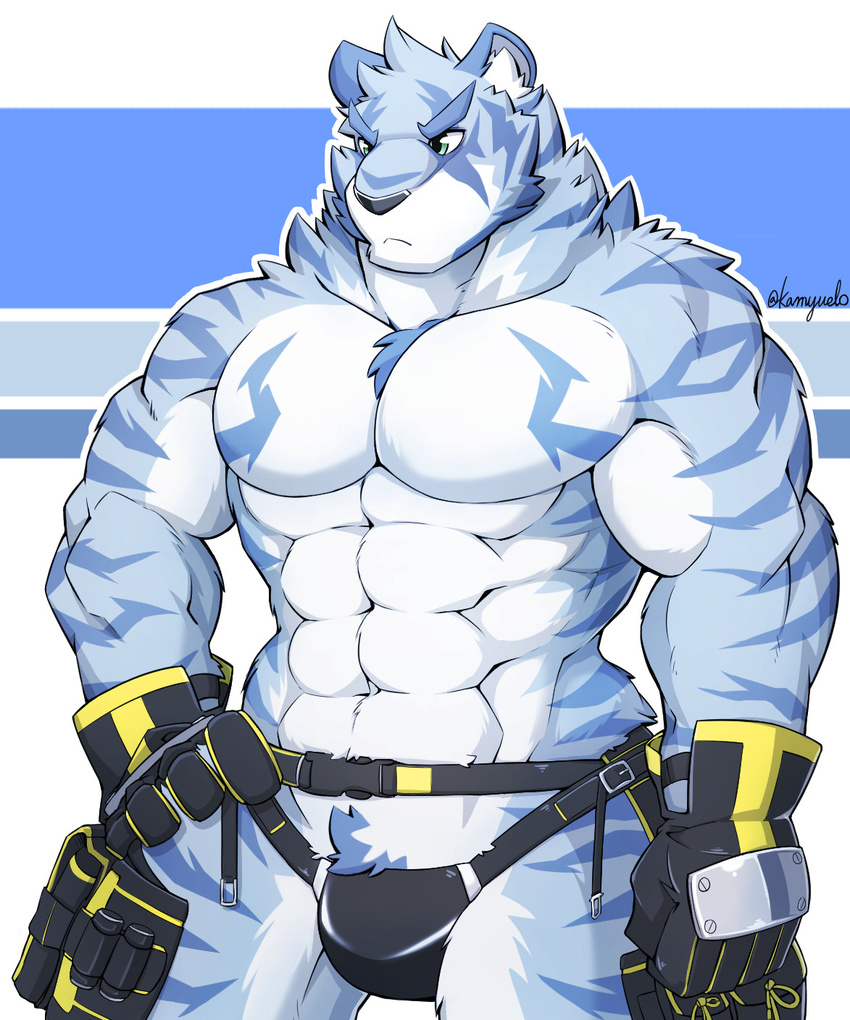 2018 abs biceps blue_fur crotch_tuft feline fur hand_on_hip kamyuelo male mammal muscular pecs portrait three-quarter_portrait tiger