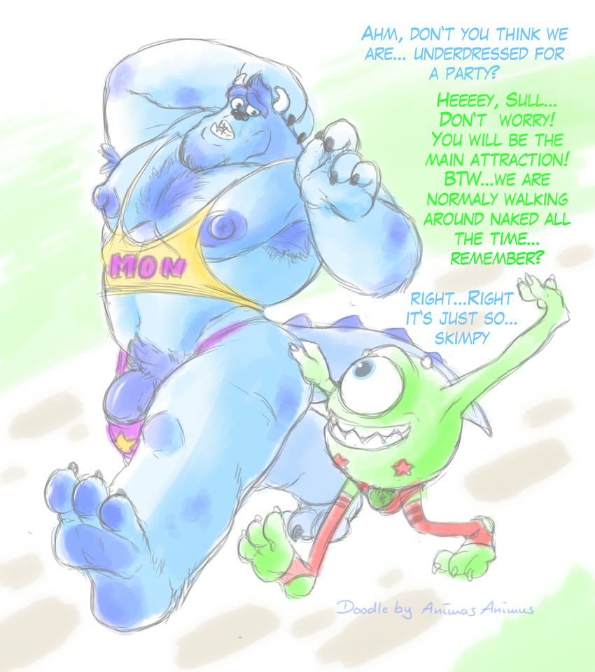 animasanimus armpit_hair bulge claws clothing disney duo english_text horn male mike_wazowski monster monsters_inc monsters_university muscular nipples one_eyed open_mouth pecs penis pixar size_difference sulley text underwear