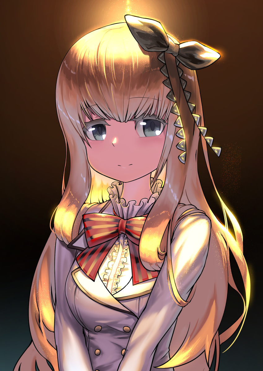 1girl absurdres bangs blazer blonde_hair blue_eyes bow breasts center_frills closed_mouth commentary_request eyebrows_visible_through_hair frills grey_jacket grey_ribbon hair_between_eyes hair_ribbon highres jacket juliet_persia kishuku_gakkou_no_juliet korean_commentary leonat long_hair looking_at_viewer medium_breasts red_bow ribbon school_uniform shirt solo striped striped_bow upper_body v_arms very_long_hair white_shirt