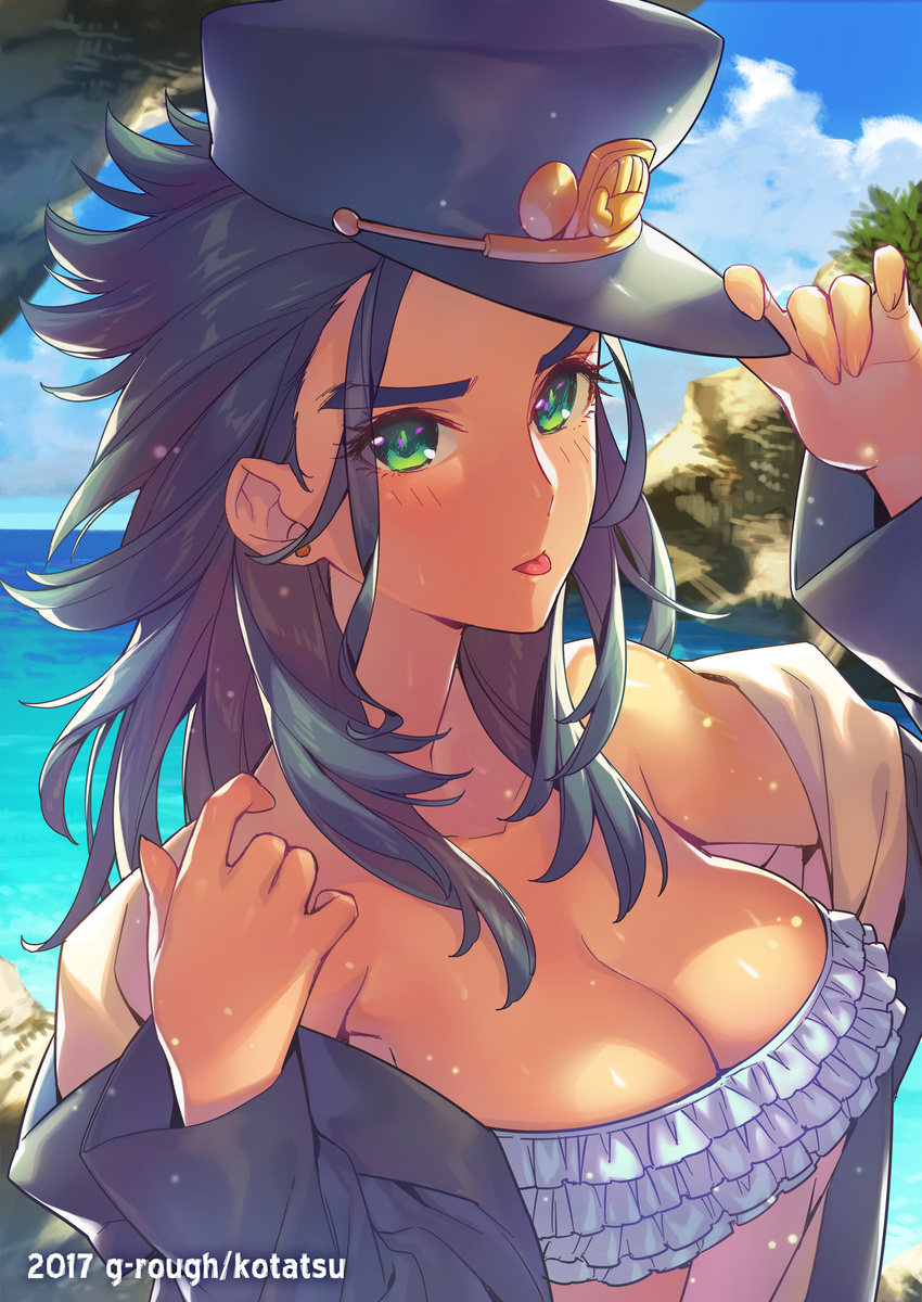 :p artist_name bare_shoulders bikini black_hair blue_hat blush breasts bright_pupils cleavage coat dated day earrings eyebrows_visible_through_hair eyes_visible_through_hair fingernails frilled_bikini frills genderswap genderswap_(mtf) green_eyes hands_up hat highres jewelry jojo_no_kimyou_na_bouken kotatsu_(g-rough) kuujou_joutarou large_breasts long_hair ocean off_shoulder outdoors peaked_cap solo stardust_crusaders summer sweat swimsuit tongue tongue_out upper_body white_bikini