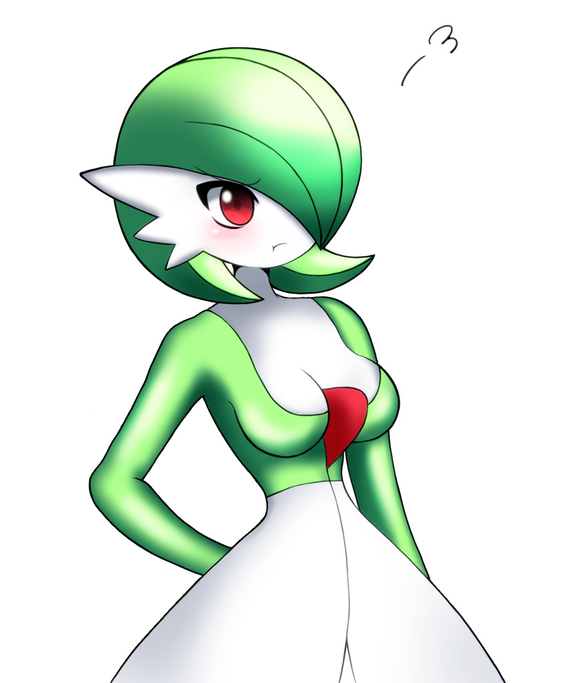 1girl arm_behind_back artist_request blush breasts cleavage eyebrows_visible_through_hair female gardevoir green_hair hair_over_one_eye highres large_breasts no_humans pokemon pokemon_(creature) pokemon_rse pouting red_eyes short_hair simple_background solo standing white_background