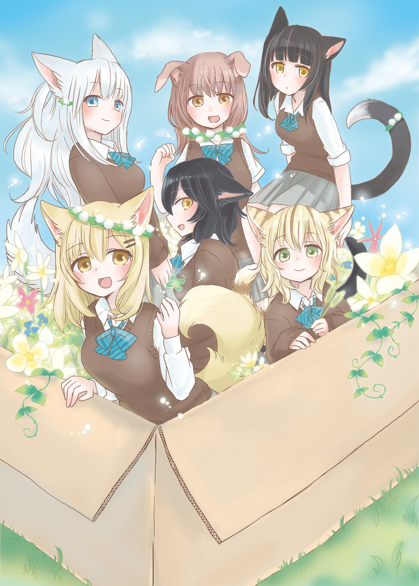 :d animal_ears black_hair blonde_hair blue_eyes bow bowtie box brown_hair cardboard_box cat_ears cat_tail clover commentary_request dog_ears flower four-leaf_clover fox_ears fox_tail green_eyes head_wreath highres long_hair long_sleeves looking_at_viewer multicolored_hair multiple_girls nekoya_saki open_mouth parted_lips school_uniform short_hair short_sleeves sitting sleeves_past_wrists sleeves_rolled_up smile striped_tail sweater tail two-tone_hair white_hair wreath yellow_eyes