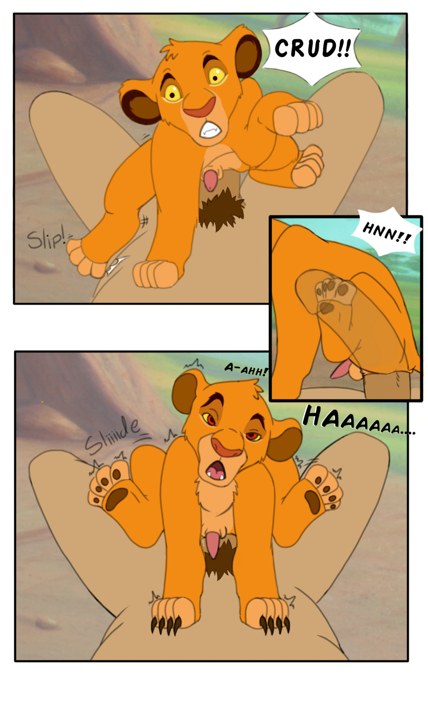 ahegao anal anal_penetration balls bestiality comic cub derp_eyes disney feral human human_on_feral interspecies large_penetration looking_pleasured male male/male mammal penetration penis simba text the_lion_king theoryofstrings young