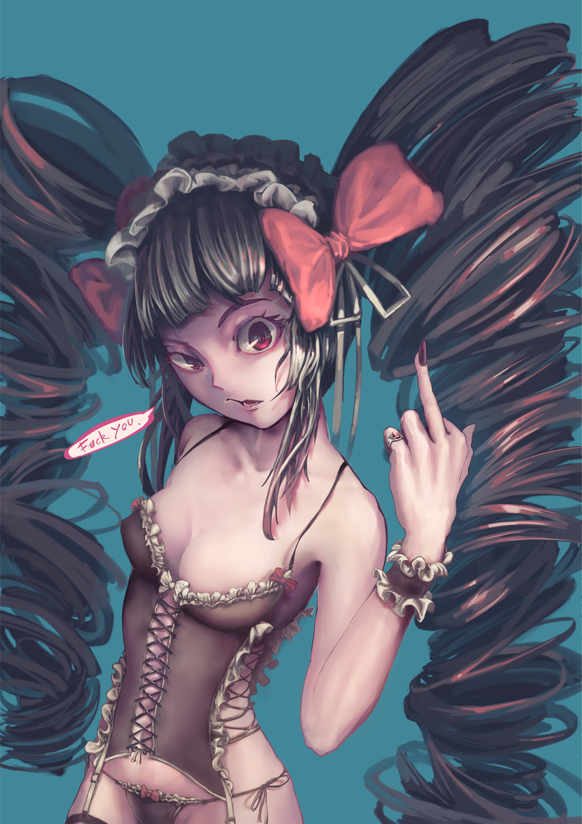 1girl black_hair breasts celestia_ludenberck corset danganronpa drill_hair goth gothic gothic_fashion headdress middle solo twin_drills underwear