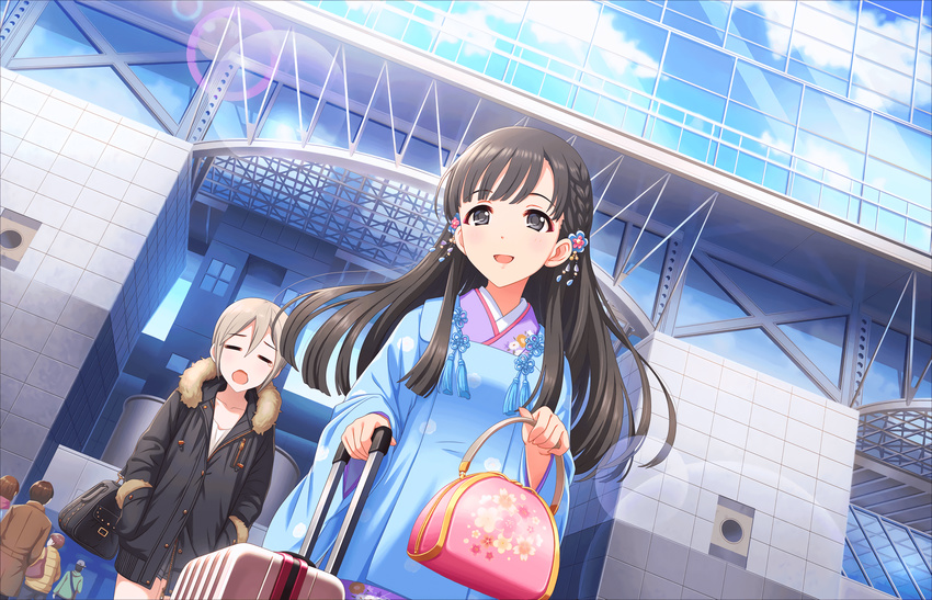 bag black_hair blonde_hair closed_eyes flower grey_eyes hagoromo_komachi_(idolmaster) hair_flower hair_ornament highres idolmaster idolmaster_cinderella_girls idolmaster_cinderella_girls_starlight_stage japanese_clothes kobayakawa_sae kyoto long_hair multiple_girls official_art scarf shiomi_shuuko short_hair tears winter_clothes