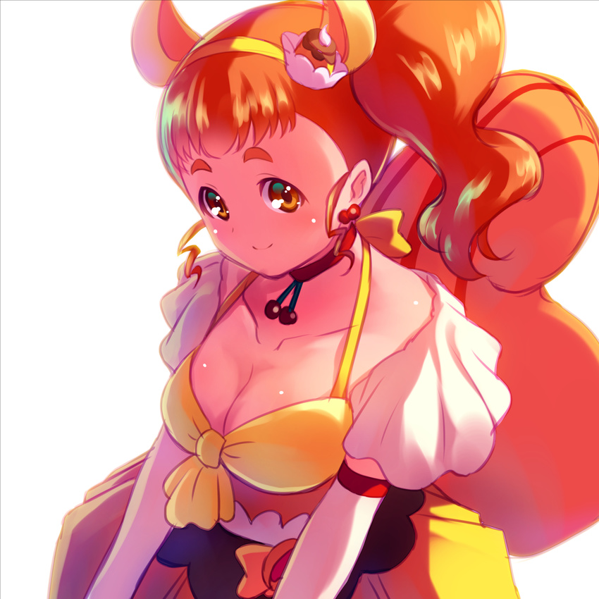 alternate_breast_size animal_ears arisugawa_himari breasts brown_eyes brown_hair cake_hair_ornament choker cleavage closed_mouth commentary_request cure_custard earrings food_themed_hair_ornament hair_ornament highres jewelry kirakira_precure_a_la_mode looking_at_viewer medium_breasts precure red_choker sayousuke side_ponytail simple_background smile solo squirrel_ears squirrel_tail tail white_background