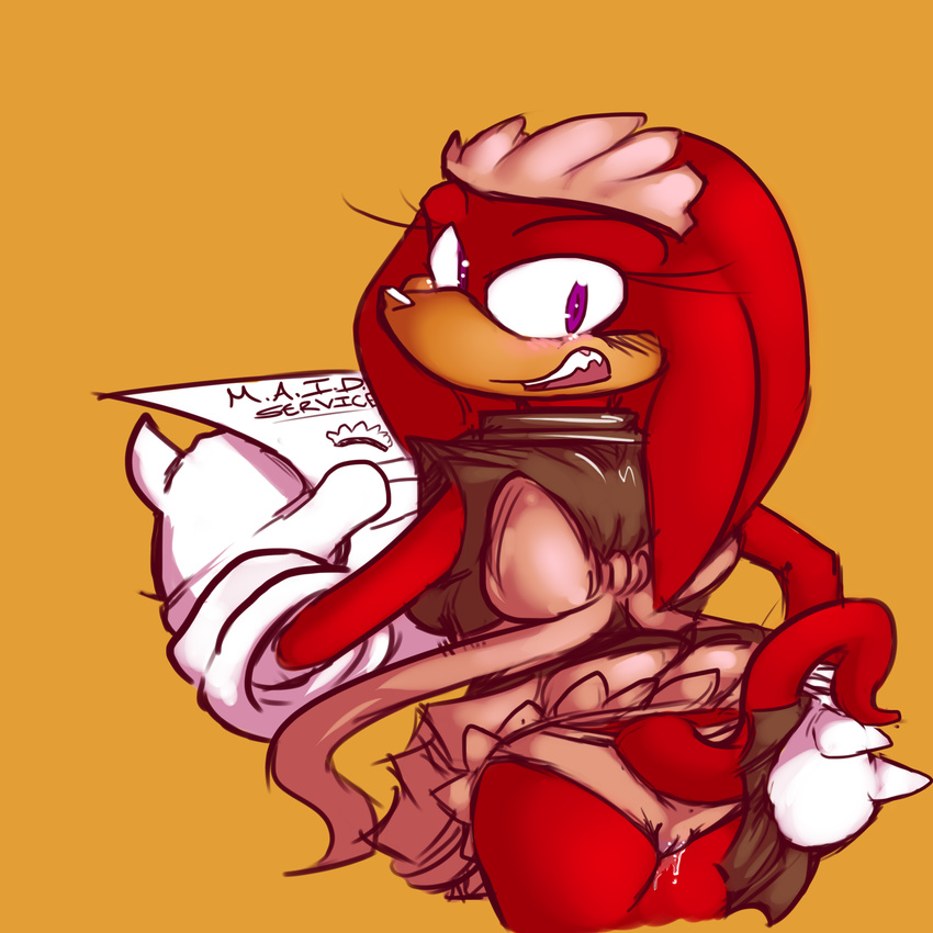 blush camel_toe crossgender female kayla-na knuckles_the_echidna maid_uniform mel_the_hybrid panties purple_eyes pussy pussy_juice rule_63 sega solo sonic_(series) sonic_team underwear uniform