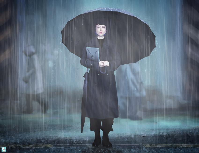 1girl highlights looking_at_viewer mako_mori pacific_rim rain raincoat umbrella