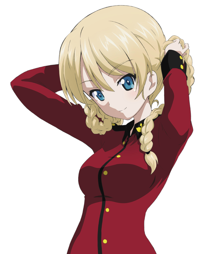 absurdres adjusting_hair alternate_hairstyle arms_behind_head bangs blonde_hair blue_eyes braid breasts closed_mouth darjeeling epaulettes eyebrows_visible_through_hair girls_und_panzer hair_down hair_over_shoulder hair_tie hairdressing highres jacket long_hair long_sleeves looking_at_viewer medium_breasts military military_jacket military_uniform red_jacket simple_background smile solo st._gloriana's_military_uniform standing sugimoto_isao swept_bangs twin_braids twintails tying_hair uniform white_background