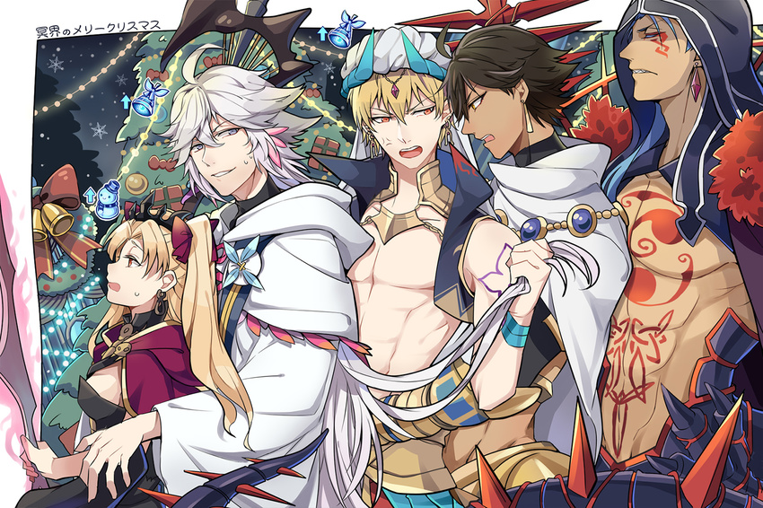 4boys ahoge arabian_clothes black_cape black_hair blonde_hair blush brown_hair cape chest_tattoo christmas christmas_tree crown cu_chulainn_alter_(fate/grand_order) dark_skin dark_skinned_male earrings ereshkigal_(fate/grand_order) fate/grand_order fate/prototype fate/prototype:_fragments_of_blue_and_silver fate_(series) gilgamesh gilgamesh_(caster)_(fate) hood hoop_earrings infinity jewelry lancer long_hair looking_at_viewer male_focus merlin_(fate) multiple_boys open_mouth ozymandias_(fate) red_cape red_eyes red_ribbon ribbon sakamoto_shinn smile spine tattoo tiara tree two_side_up yellow_eyes