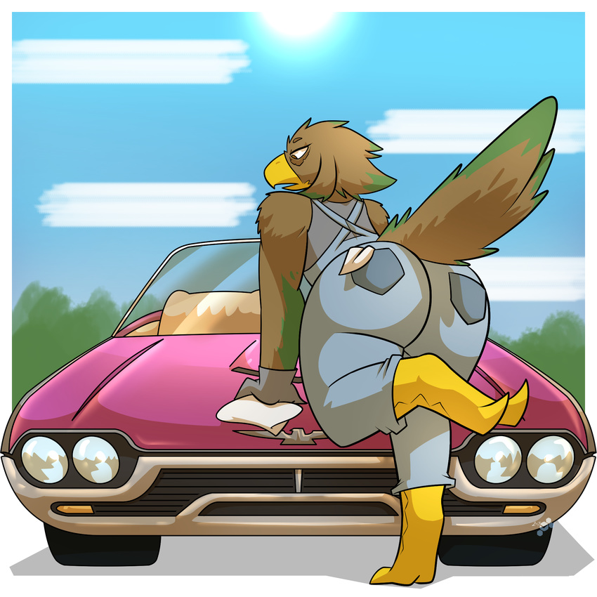 avian bent_over big_butt bird butt car car_wash clothing female overalls potoobrigham rear_view solo vehicle wide_hips