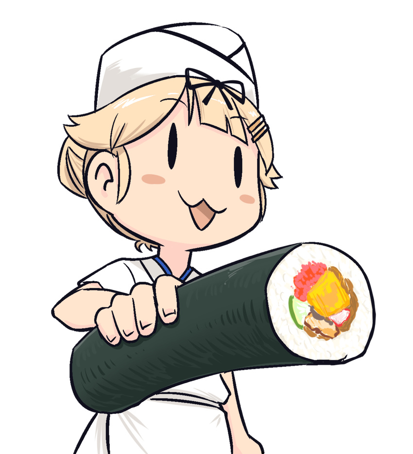 :3 :d alternate_costume alternate_hairstyle blush_stickers bow chef_hat chef_uniform commentary_request ehoumaki food hair_bow hair_flaps hair_ornament hair_ribbon hairpin hat highres holding kantai_collection light_brown_hair long_hair looking_at_viewer makizushi open_mouth parody remodel_(kantai_collection) ribbon seiran_(mousouchiku) smile solo sushi transparent_background tsukiji_uogashi_sandaime yuudachi_(kantai_collection)