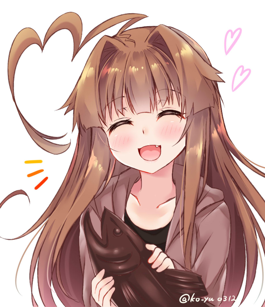 ^_^ ^o^ ahoge alternate_costume brown_hair chocolate closed_eyes collarbone fang heart highres holding huge_ahoge kantai_collection ko_yu kuma_(kantai_collection) long_hair long_sleeves open_mouth simple_background smile solo twitter_username white_background