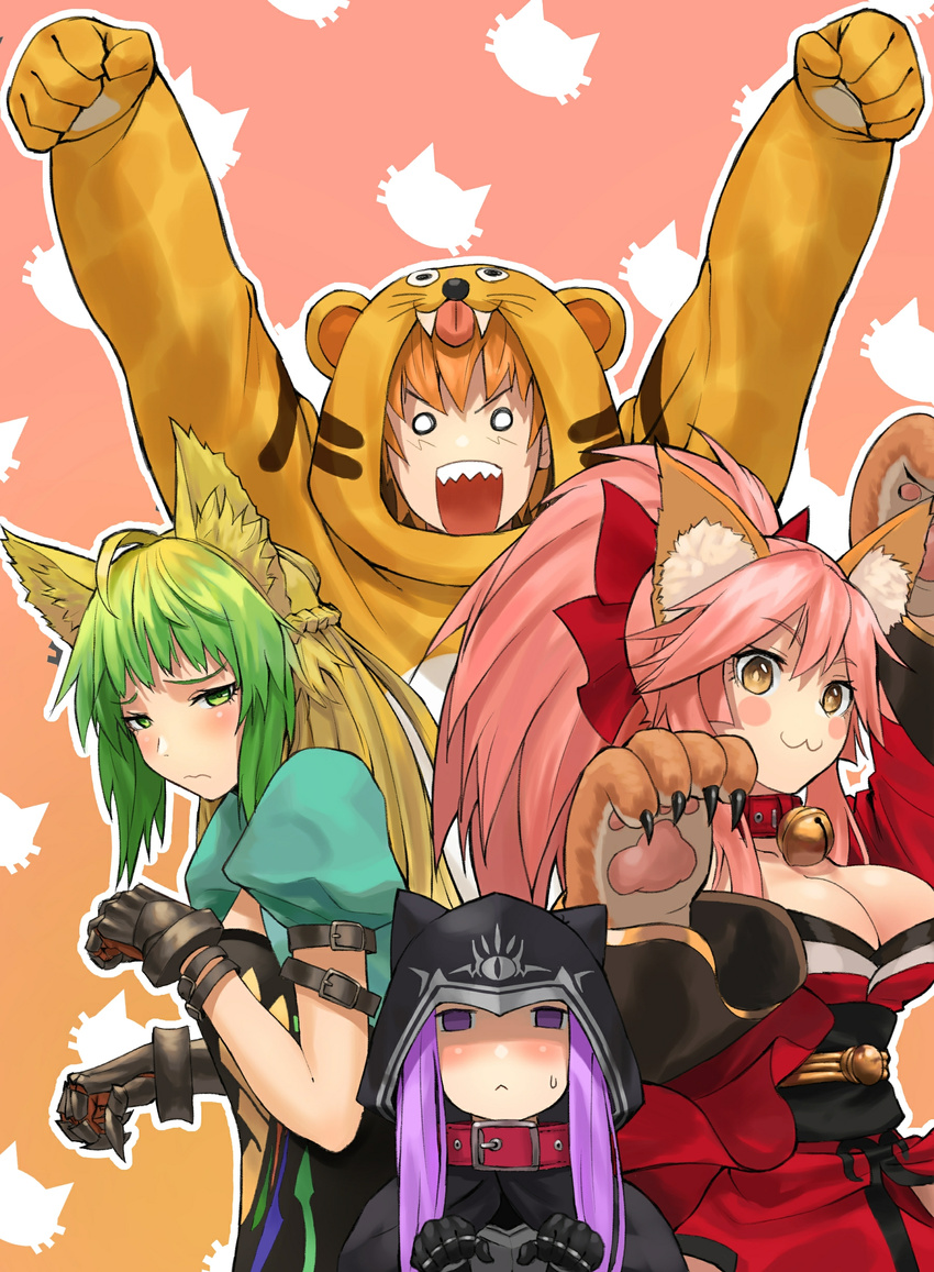 :&lt; :3 absurdres animal_ears atalanta_(fate) bare_shoulders blush blush_stickers bow breasts cat_day cat_ears check_commentary cleavage collar collarbone commentary_request detached_sleeves embarrassed eyebrows_visible_through_hair fate/grand_order fate_(series) fox_ears fox_tail fujimura_taiga gloves green_hair hair_bow hair_ribbon highres hood jaguarman_(fate/grand_order) japanese_clothes large_breasts long_hair looking_at_viewer medusa_(lancer)_(fate) multicolored_hair multiple_girls o_o open_mouth paw_gloves paw_pose paws pink_hair purple_eyes purple_hair red_ribbon ribbon rider short_hair small_breasts tail tamamo_(fate)_(all) tamamo_cat_(fate) two-tone_hair very_long_hair yellow_eyes zonotaida