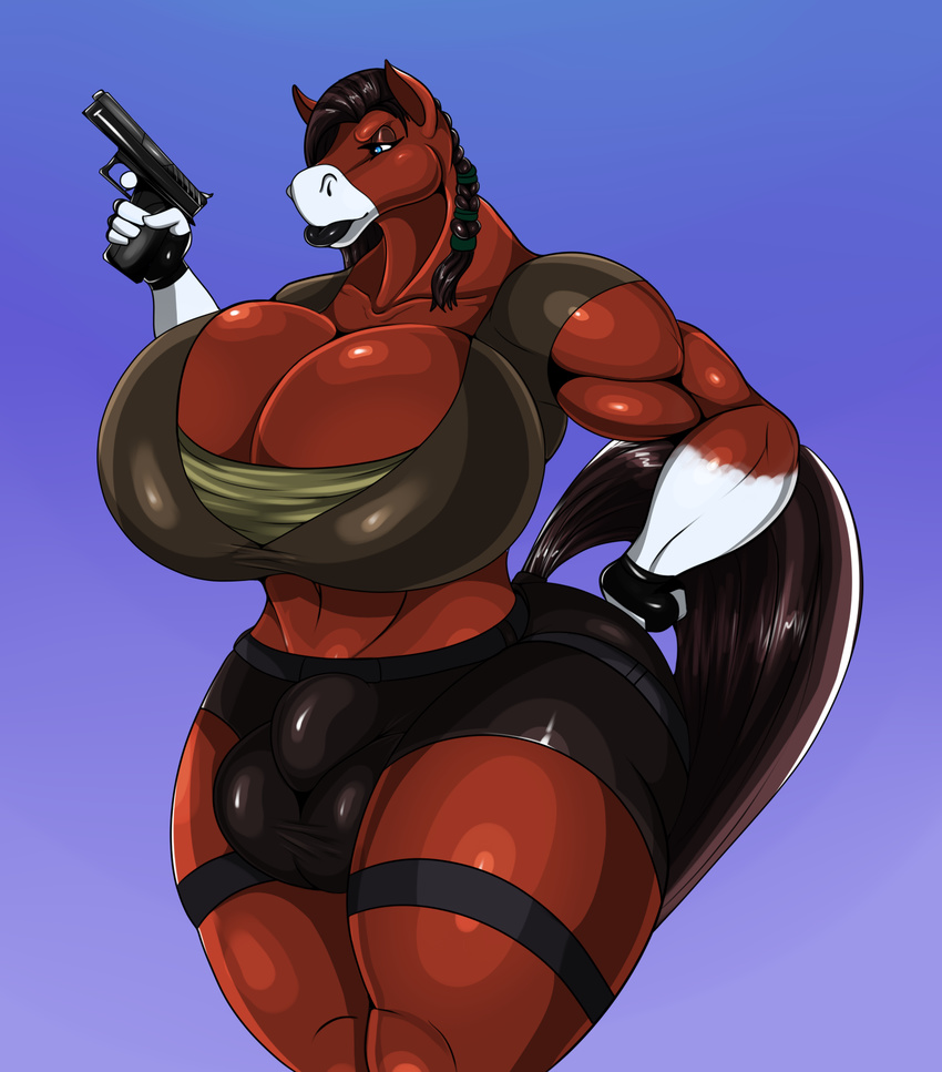 2015 anthro big_breasts breasts bulge cleavage clothed clothing dickgirl equine gun hi_res horse huge_breasts intersex mammal mrmadhead ranged_weapon solo thick_bottom_lip thick_thighs tight_clothing voluptuous weapon wide_hips