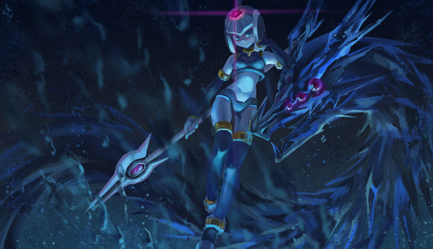 1girl artist_request blue_eyes bodysuit breasts bubbles capcom dragon gloves head_tilt helmet highres holding holding_weapon ice ice_dragon leviathan_(rockman) looking_at_viewer looking_to_the_side medium_breasts red_eyes rockman rockman_zero shaded_face smile spear thighhighs underwater water weapon white_gloves
