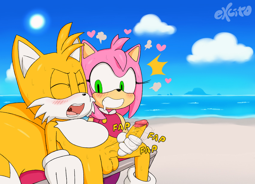 &lt;3 amy_rose balls beach blush canine chair clothing cloud dress drooling erection excito eyelashes eyes_closed female fox fur gloves green_eyes handjob hedgehog male mammal miles_prower outside penis saliva sea seaside sex sitting sonic_(series) sound_effects spreading steam sun sweat water