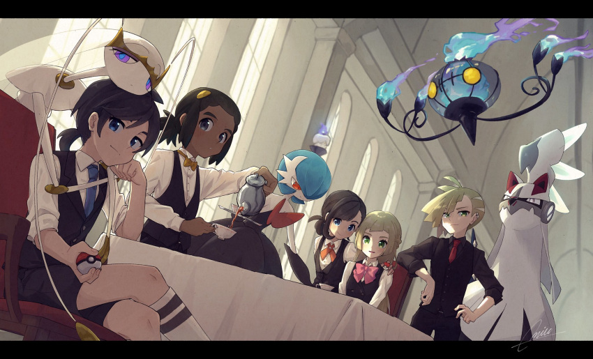 2girls 3boys alternate_color alternate_costume alternate_hairstyle black_hair black_vest blonde_hair blue_eyes bow bowtie brother_and_sister chair chandelure closed_mouth creatures_(company) cup dark_skin game_freak gardevoir gen_3_pokemon gen_5_pokemon gen_7_pokemon gladio_(pokemon) green_eyes green_hair hand_on_another's_shoulder hau_(pokemon) highres holding holding_poke_ball legs_crossed lillie_(pokemon) litwick long_hair long_sleeves miu_(miuuu_721) mizuki_(pokemon) multiple_boys multiple_girls necktie nintendo parted_lips pheromosa plate poke_ball pokemon pokemon_(creature) pokemon_(game) pokemon_sm ponytail pouring shiny_pokemon short_hair short_sleeves shorts siblings signature silvally sitting smile standing table teacup teapot ultra_beast vest window you_(pokemon)