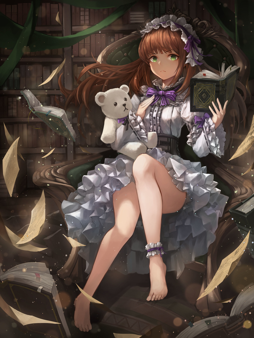 :&lt; absurdres ankle_cuffs ankle_garter bangs barefoot bonnet book bookmark bookshelf bow bowtie brown_hair chair commentary convenient_leg crystalherb dress eyebrows_visible_through_hair frilled_dress frilled_sleeves frills frown full_body green_eyes hand_up highres holding holding_book holding_stuffed_animal indoors library lolita_fashion long_hair long_sleeves looking_at_viewer open_book original papers purple_bow sitting solo stuffed_animal stuffed_toy teddy_bear wooden_floor