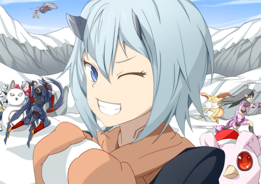 blue_eyes commentary_request horns io_(pso2) katori_(pso2) light_blue_hair luther_(pso2) mittens multiple_boys multiple_girls nyau one_eye_closed open_mouth phantasy_star phantasy_star_online_2 rappy regius_(pso2) saga_(pso2) scarf shiver_(siva-hl) short_hair snowball snowball_fight snowman