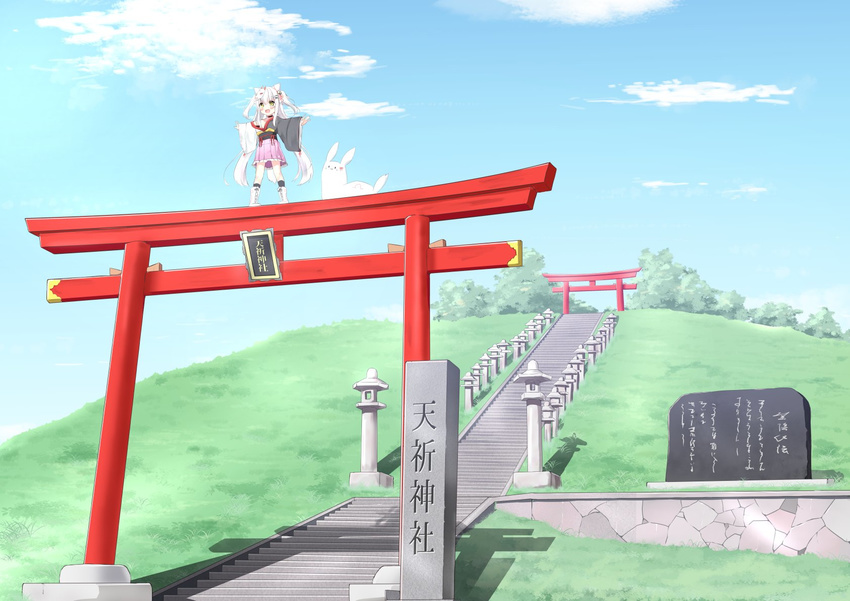 :d animal animal_ears bell blue_sky boots cloud commentary_request day fox_ears fox_girl fox_mask fox_tail frilled_skirt frills grass hair_bell hair_ornament hairclip highres japanese_clothes kimono kouda_suzu landscape long_hair long_sleeves mask monument obi off_shoulder open_mouth original outstretched_arms sash shinto shiyou_(kouda_suzu) skirt sky smile spread_arms stairs standing standing_on_object stone_lantern stone_tablet tail torii translation_request twintails white_hair wide_sleeves