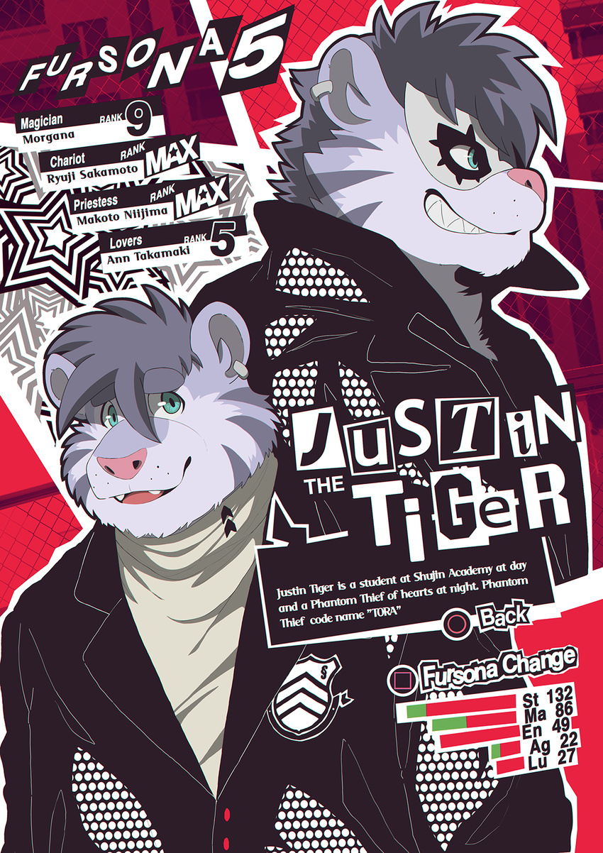 barazoku clothing ear_piercing feline jaokuma justin kemono male mammal mask persona_5 phantom_thieves piercing poster tiger