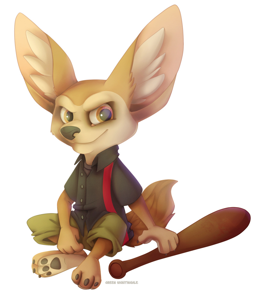 &gt;:) 2016 3_toes 4_fingers alpha_channel anthro baseball_bat black_claws black_nose canine claws clothed clothing digital_drawing_(artwork) digital_media_(artwork) disney fennec finnick fox fur green-nightingale hi_res inner_ear_fluff looking_at_viewer male mammal pants shirt simple_background sitting smile soft_shading solo tan_fur toe_claws toes transparent_background zootopia