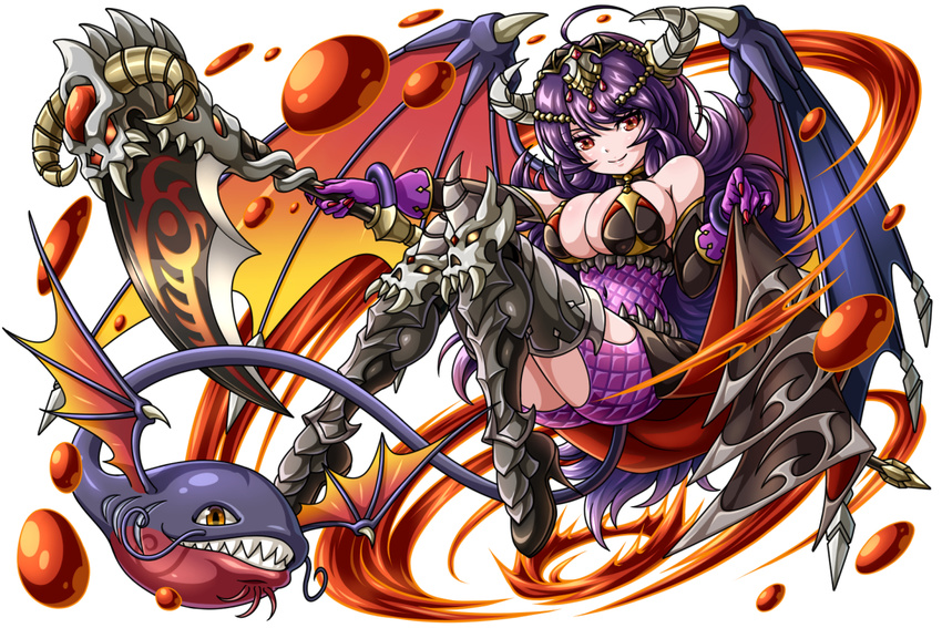 armor bare_shoulders breasts brown_eyes claws covered_navel dragon_egg dragon_wings elbow_gloves full_body gloves horns knees_together_feet_apart large_breasts long_hair looking_at_viewer nail_polish purple_gloves purple_hair red_nails ryou_(pix_gallerio) scales scythe smile tail wings