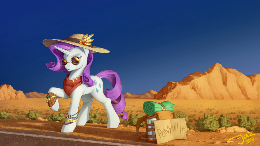 1jaz 2018 backpack bracelet desert equine eyewear friendship_is_magic hat hi_res hitchhiking horn jewelry mammal my_little_pony rarity_(mlp) road scarf solo sunglasses unicorn