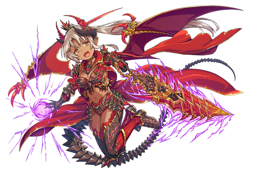 :d armor breasts cape choker cleavage dark_skin dragon_egg dragon_girl dragon_wings energy_ball fantasy full_body gauntlets highres horns kibanda_gohan long_hair looking_at_viewer medium_breasts midriff navel open_mouth pointy_ears polearm ponytail red_legwear sidelocks smile spear spiked_armor tail weapon white_hair wings