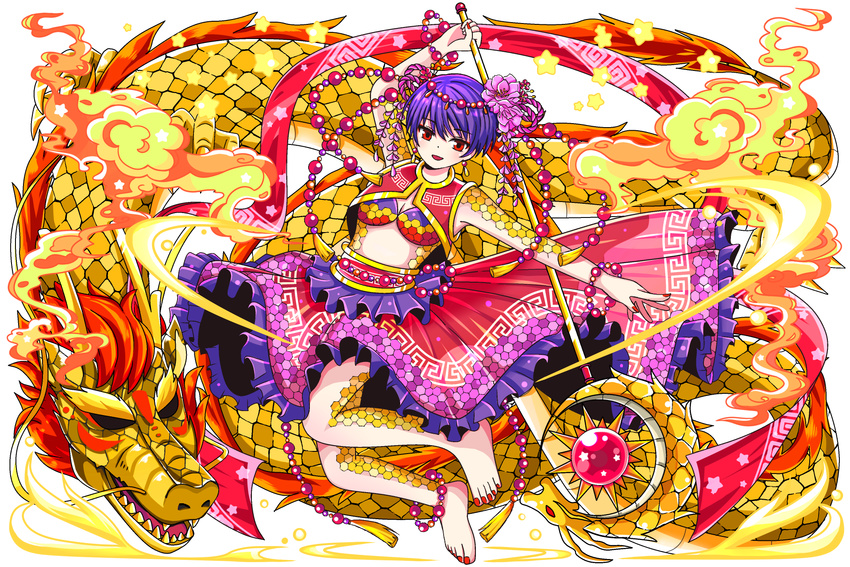 :d barefoot breasts cleavage dragon dragon_egg eastern_dragon flower hair_flower hair_ornament highres medium_breasts nail_polish open_mouth purple_hair red_eyes red_nails scale short_hair siro2200 smile smoke solo staff